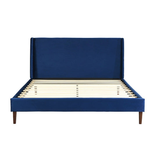 Bed Frame Queen Size Mattress Base Platform Wooden Velevt Headboard Blue