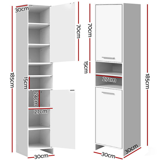 Bathroom Tallboy Toilet Storage Cabinet Laundry Cupboard Adjustable Shelf White 185cm