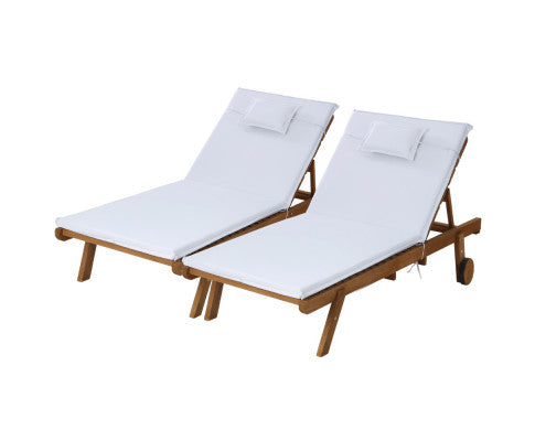 2pc Sun Lounge Wooden Lounger Outdoor Furniture Day Bed Wheel Patio White