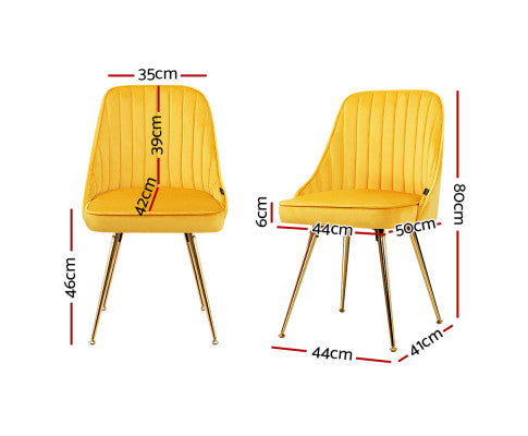 Set of 2 Dining Chairs Retro Chair Cafe Kitchen Modern Metal Legs Velvet Yellow