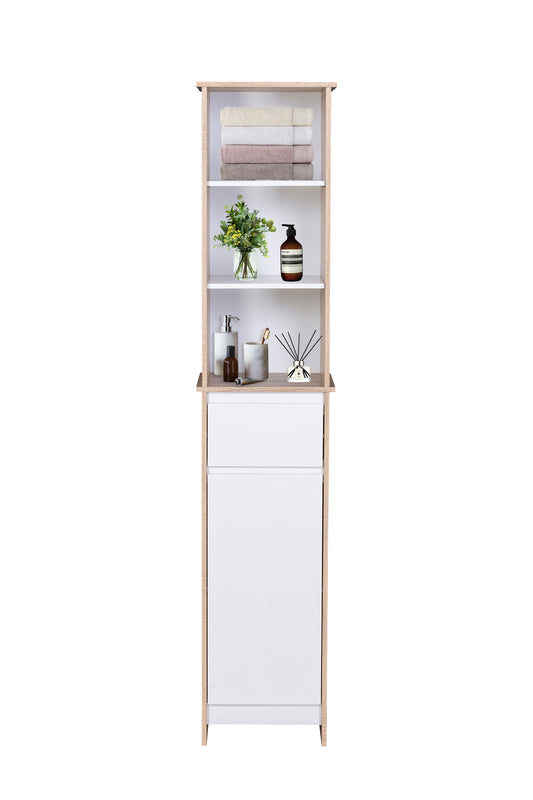 Bathroom Tallboy Narrow High Cabinet With 1 Door/1 Drawer/3 Shelves - Oak/White