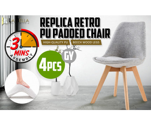 4 Set Grey Retro Dining Cafe Chair Padded Seat